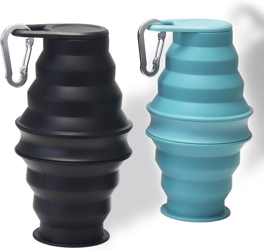 Collapsible Water Bottles 2pcs for Traveling Silicone Foldable Sport Bottle Portable for Outdoor Hiking/Camping (Grey+Blue)